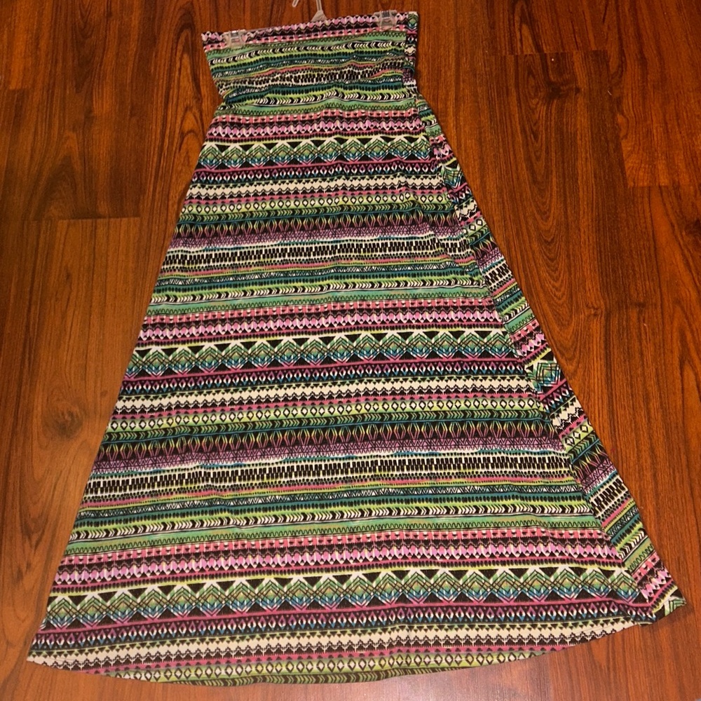 love, Fire Pink Green Black Aztec Fold Over Maxi Skirt Tribal Boho sz M Junior